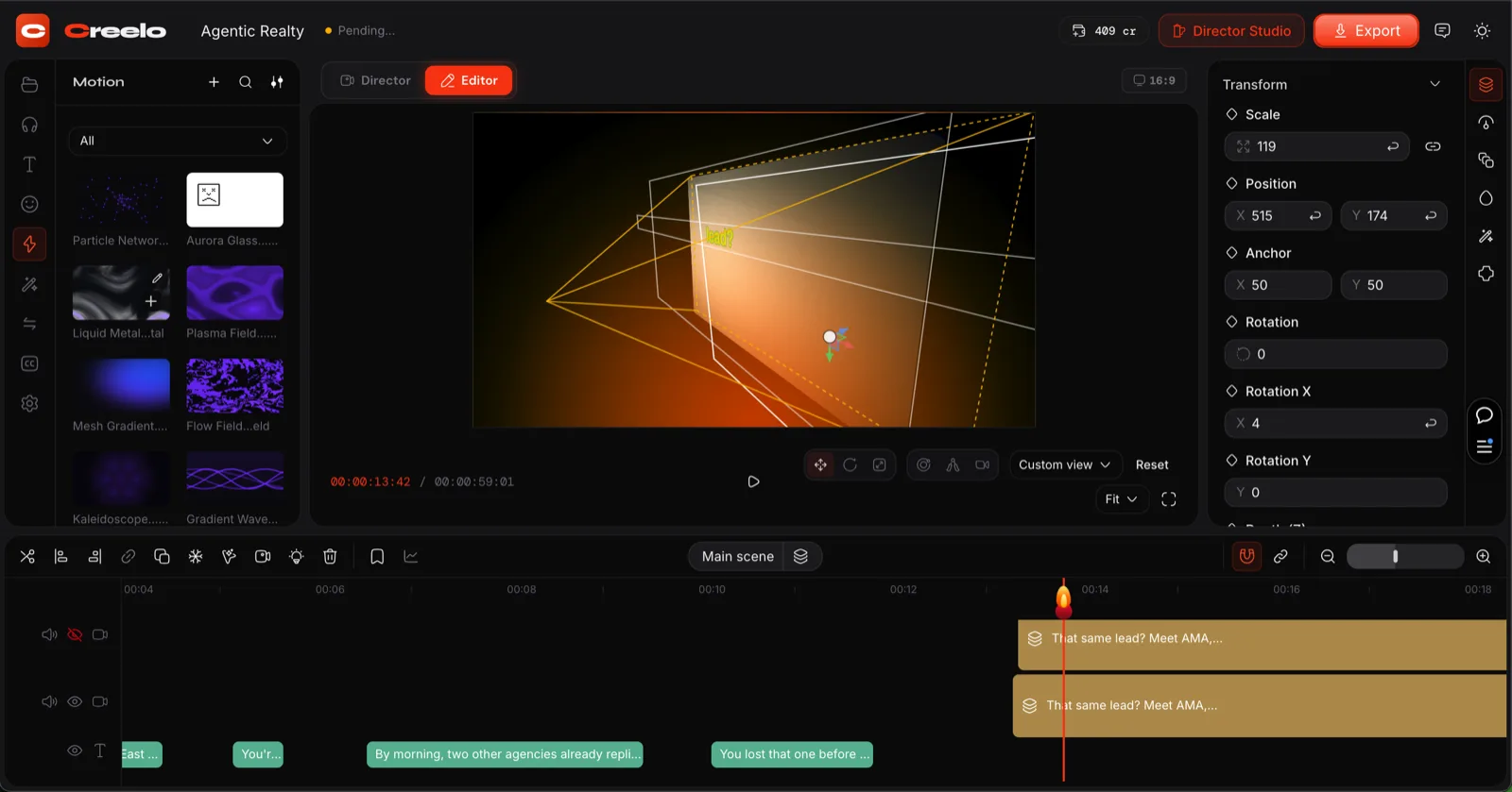 Creelo editor: multi track timeline, 3D transform panel and motion library